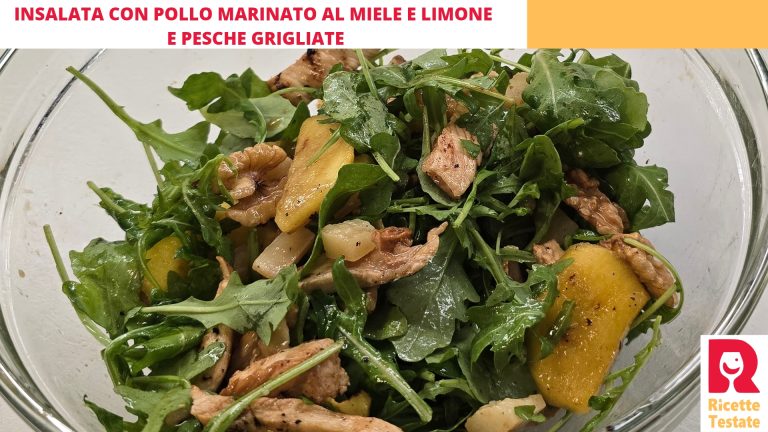 Pollo marinato al limone e miele e insalata di pesche grigliate